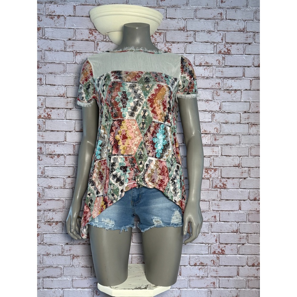 Southwestern Geometric Sharkbite Tunic Top Fringe Trim Multicolor Boho Med